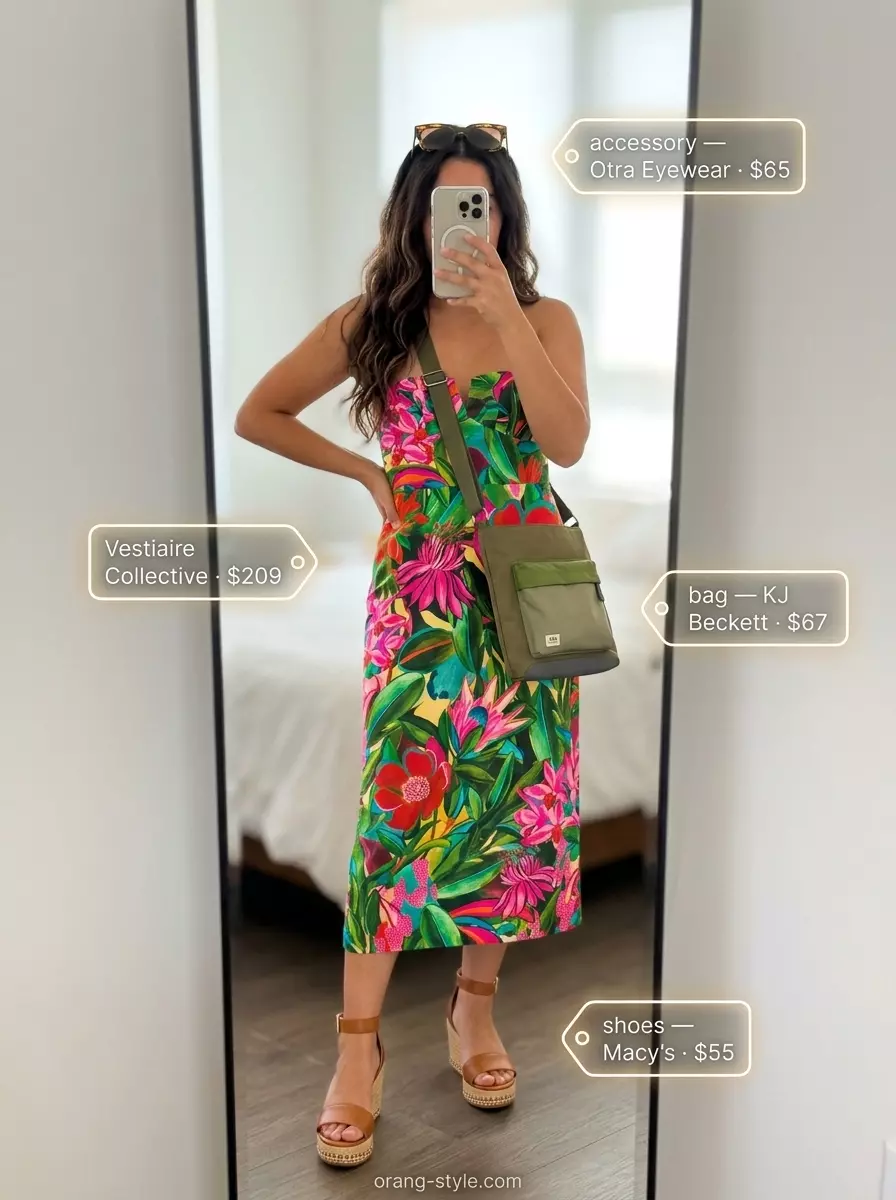 Summer Strapless Dress Outfits for Women 2026: Tropical print strapless midi dress, espadrille wedges, nylon bag, oversized sunglasses for vacation.