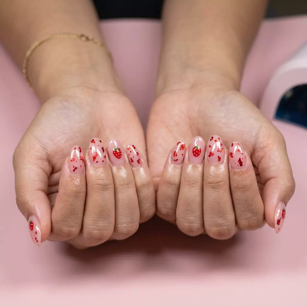 Sparkly foil flake strawberry nails in sheer pink and red for summer strawberry nail ideas 2026. Festival vacation party look.