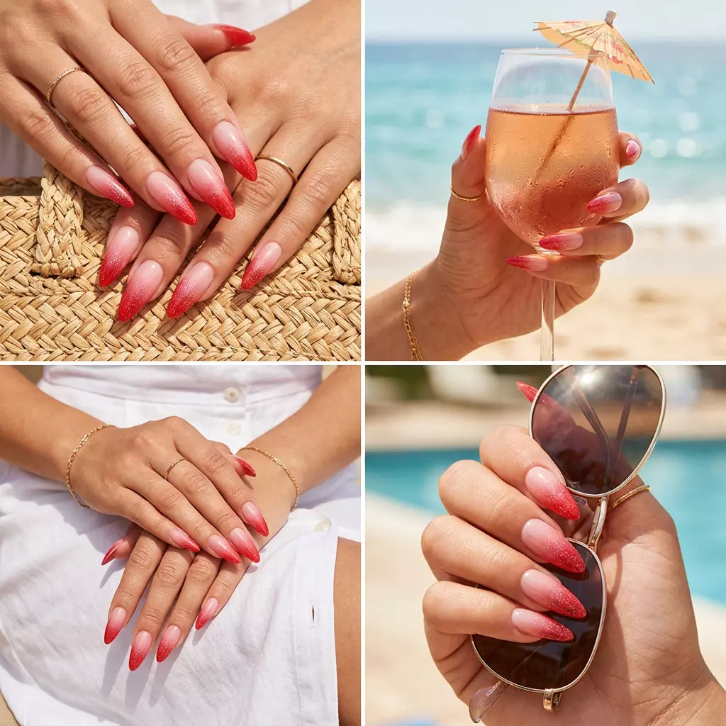 Strawberry red glitter ombre stiletto nails for summer 2026, glamorous vacation date night look.