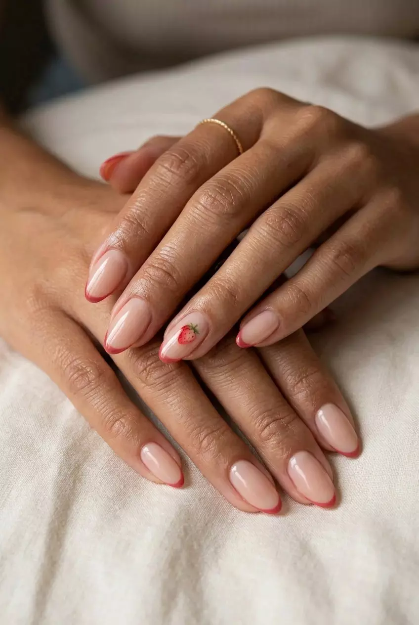 Micro-French strawberry accent nails for summer 2026, minimalist chic work style.