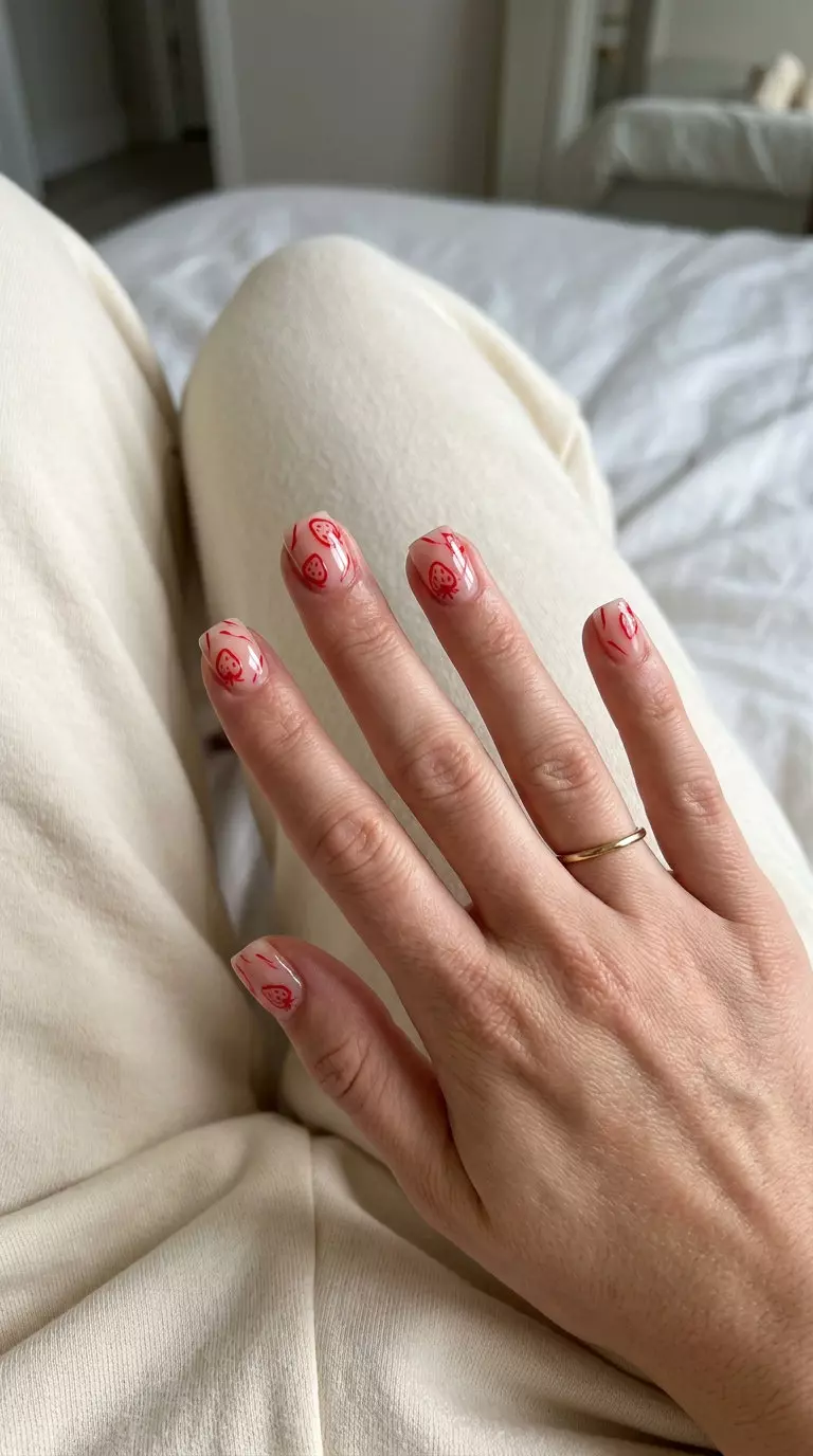 Minimalist strawberry red line art on natural nails for summer strawberry nail ideas 2026. Chic office-appropriate style.