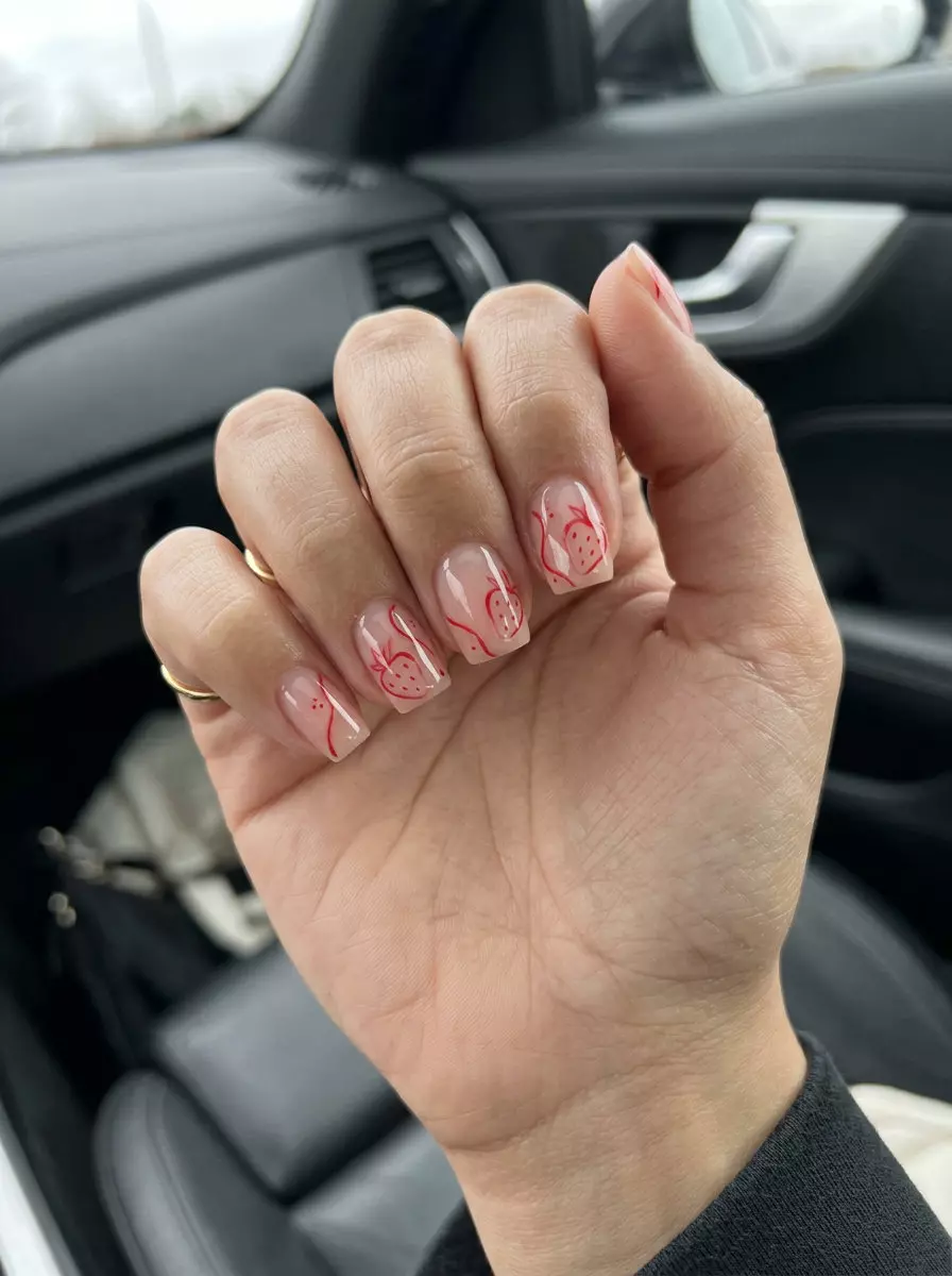Negative space strawberry red line art on oval nails for summer strawberry nail ideas 2026. Modern chic casual weekend style.