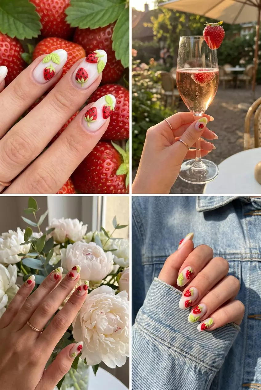 Romantic sculpted 3D strawberry and leaf nails in red and green for summer strawberry nail ideas 2026. Bridal shower event.