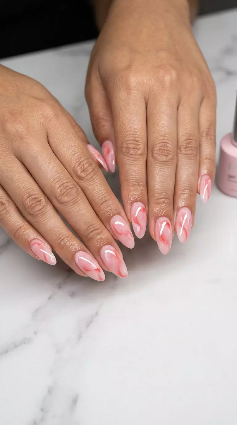 Dreamy strawberry swirls ballerina nails for summer 2026, romantic wedding guest style.