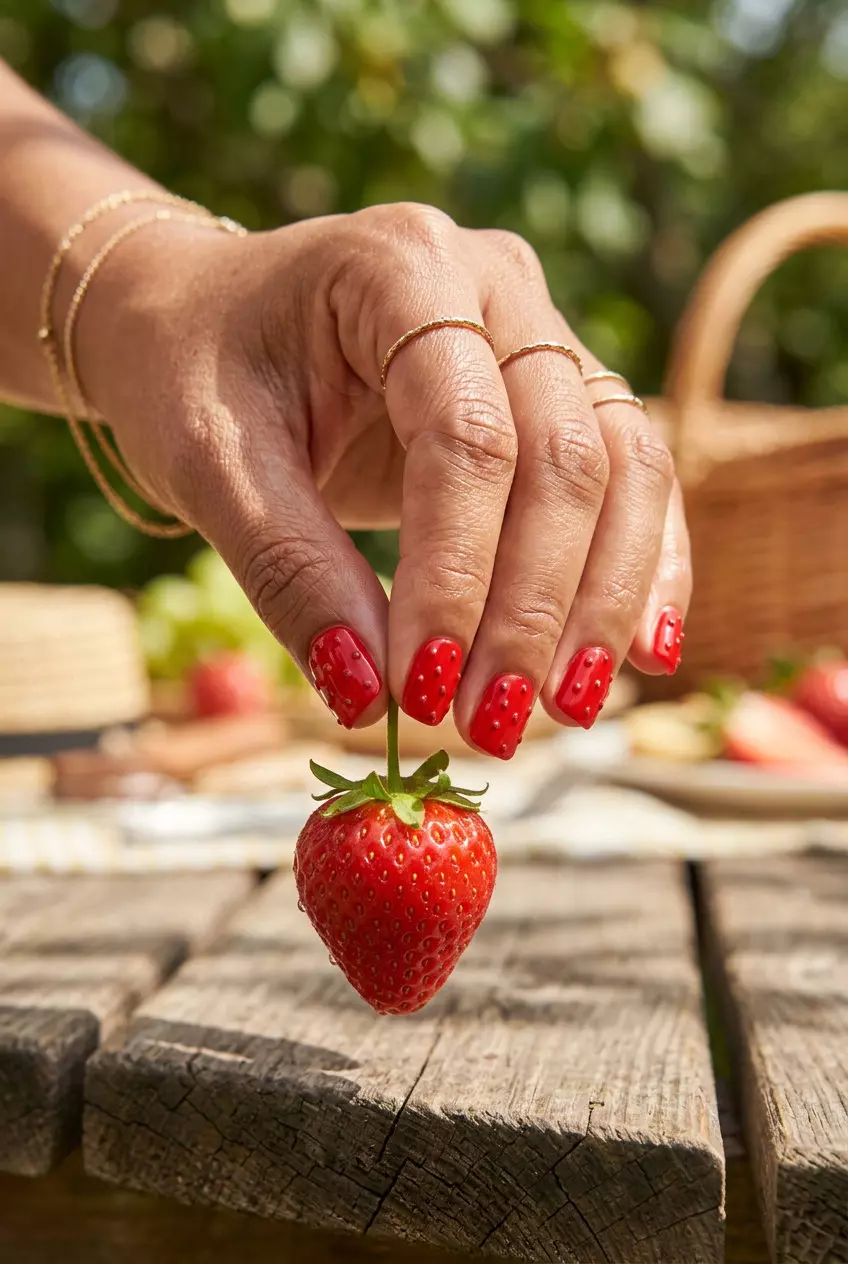 Textured strawberry seeds short square nails for summer 2026, playful picnic everyday style.