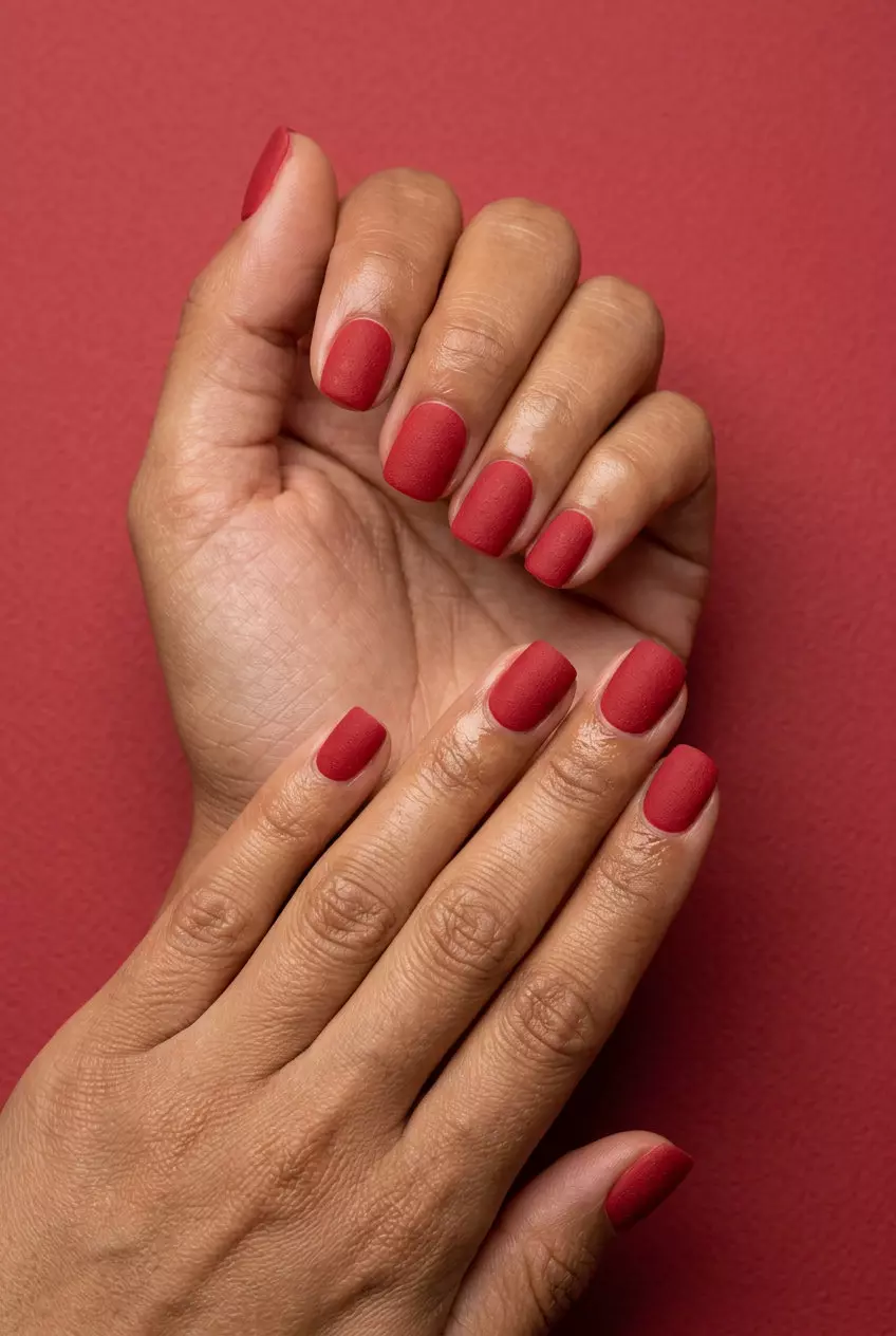 Textured strawberry seeds nail art for summer 2026, sophisticated matte red gel polish with subtle texture.