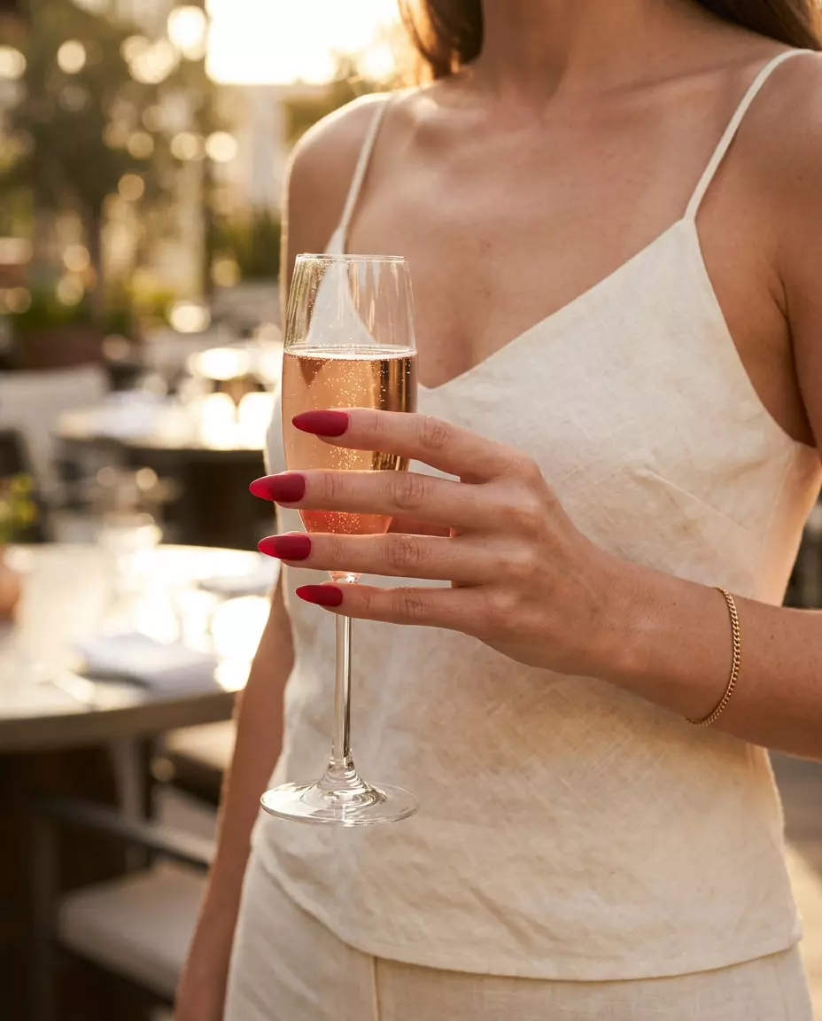 Velvet strawberry red elegance nails for summer 2026, sophisticated formal event look.