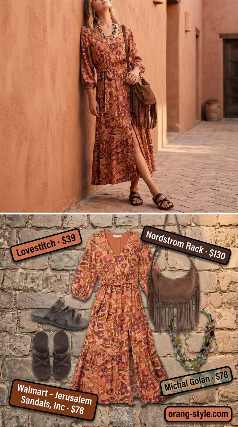 Boho terracotta tiered maxi dress for festival outfits 2026, with layered necklaces and suede bag.