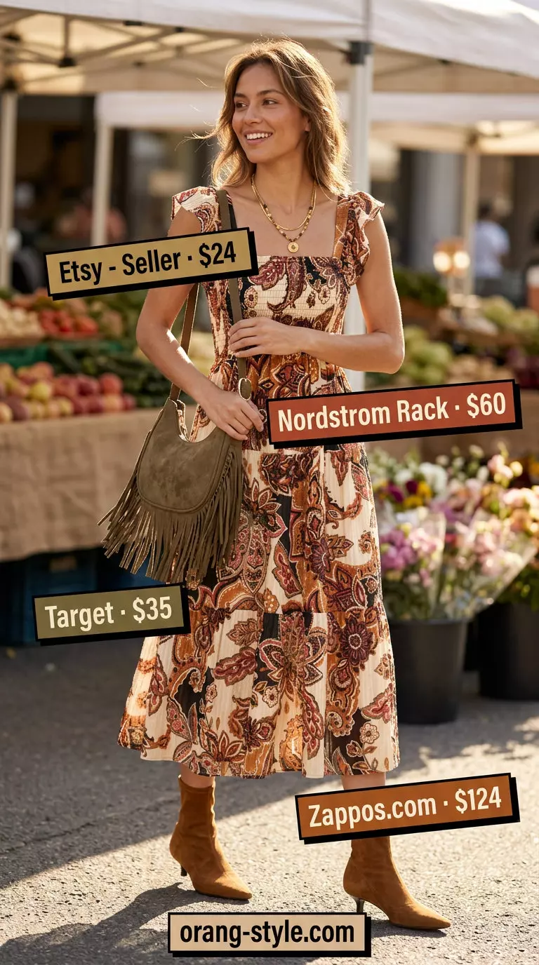 Paisley tiered midi dress with suede boots for boho summer festival outfits 2026.