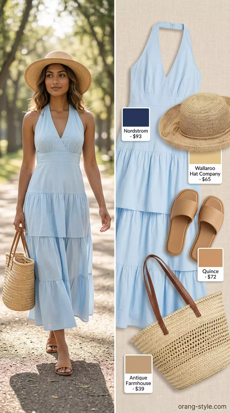 Sky blue tiered maxi dress, straw hat & tote for beach day outfits for women 2026.