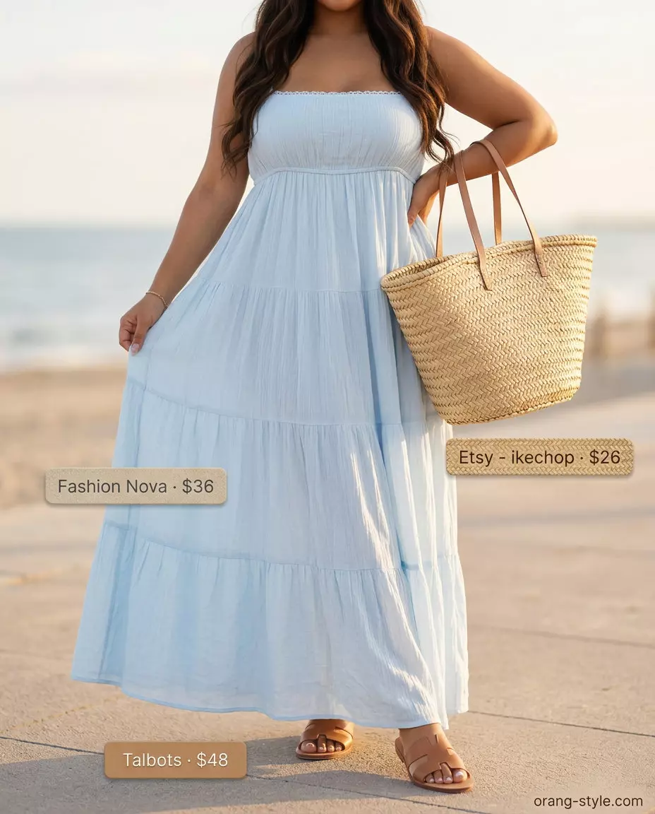 Sky blue tiered maxi dress for summer vacation outfits 2026, paired with straw tote and leather slides.