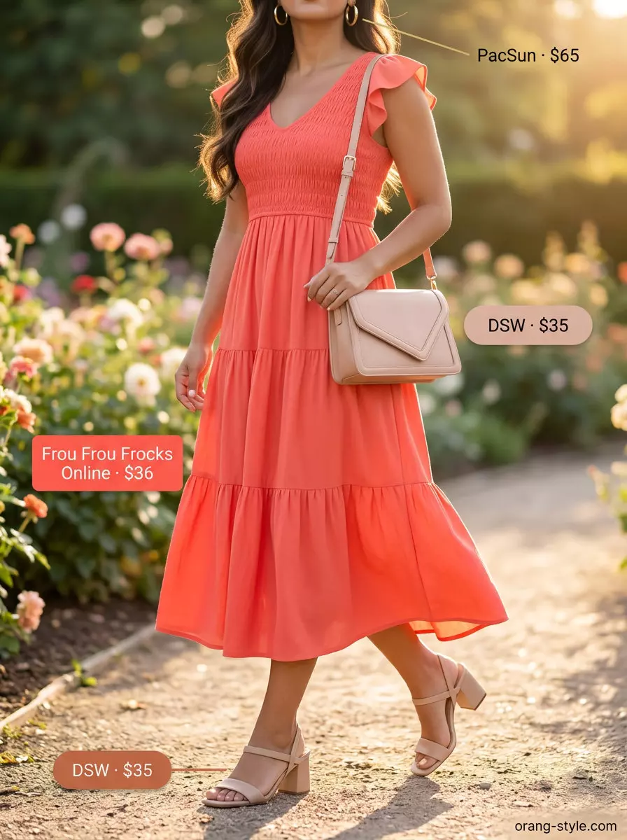 Garden party outfit: Coral tiered midi dress, beige block heels, light beige crossbody. Summer Tiered Dress Outfits for Women 2026.