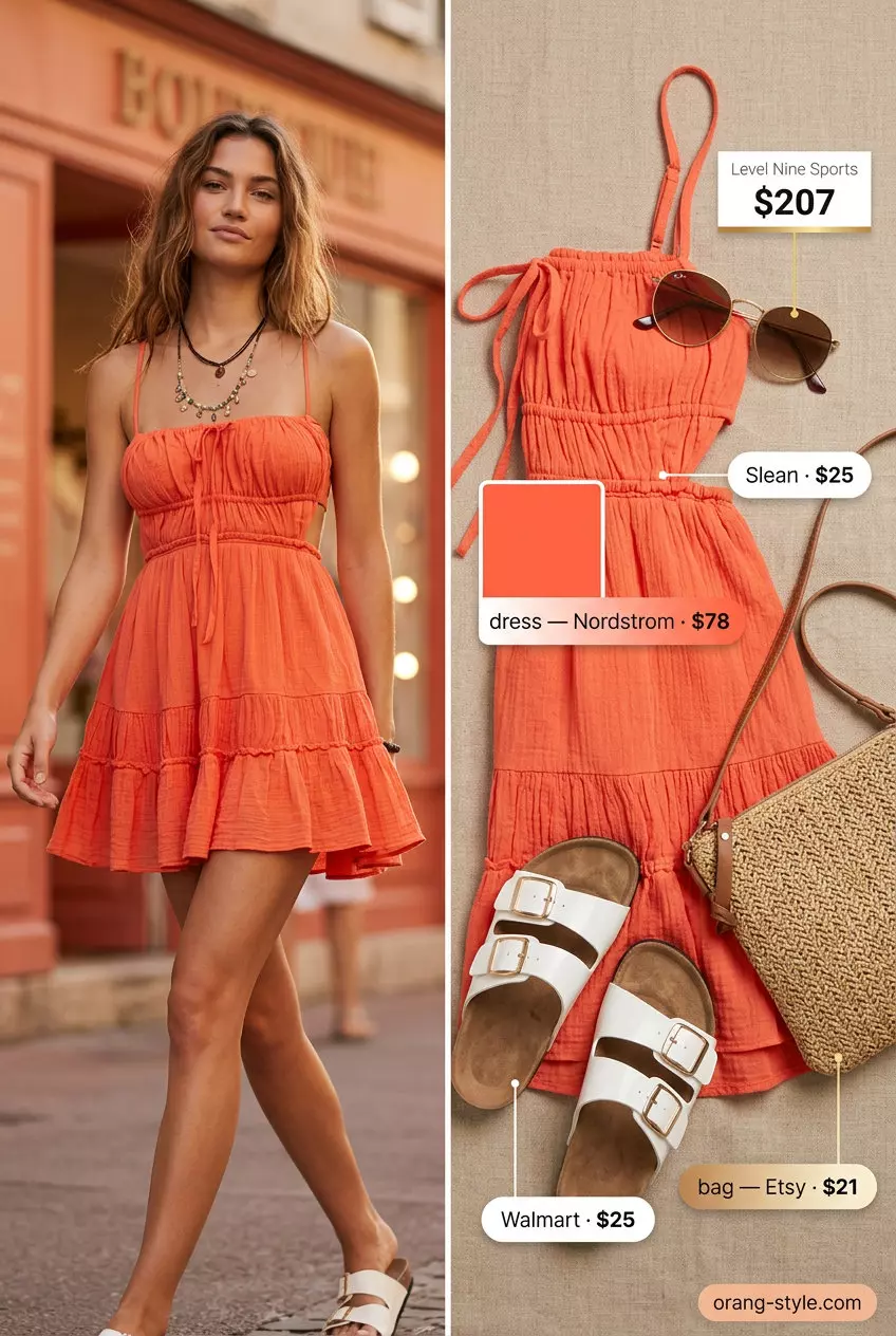 Summer day out: Coral tiered mini sundress, white slides, straw crossbody, gold sunglasses. Summer Tiered Dress Outfits for Women 2026.