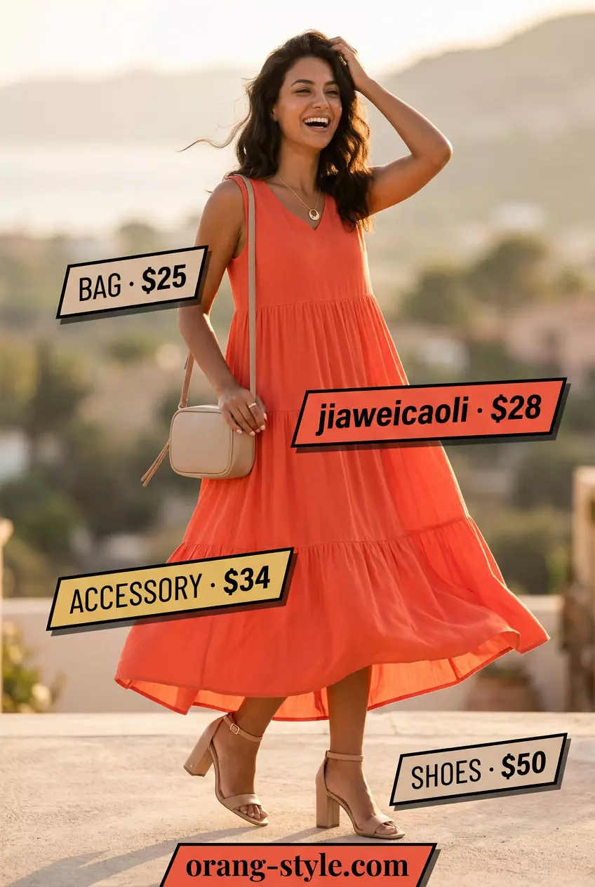 Coral tiered midi dress with beige block heels for sunset dinner outfits 2026.
