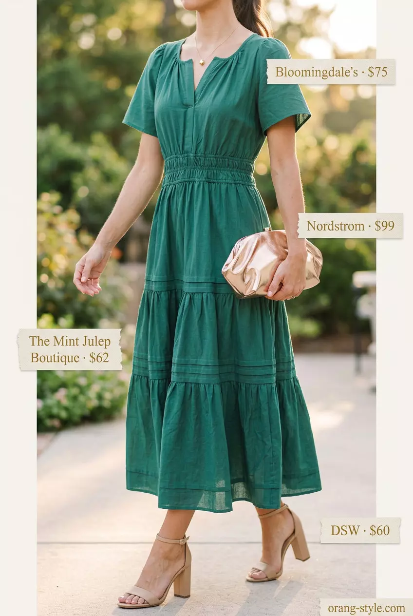 Emerald green tiered midi dress with cream block heels for garden party outfits 2026.