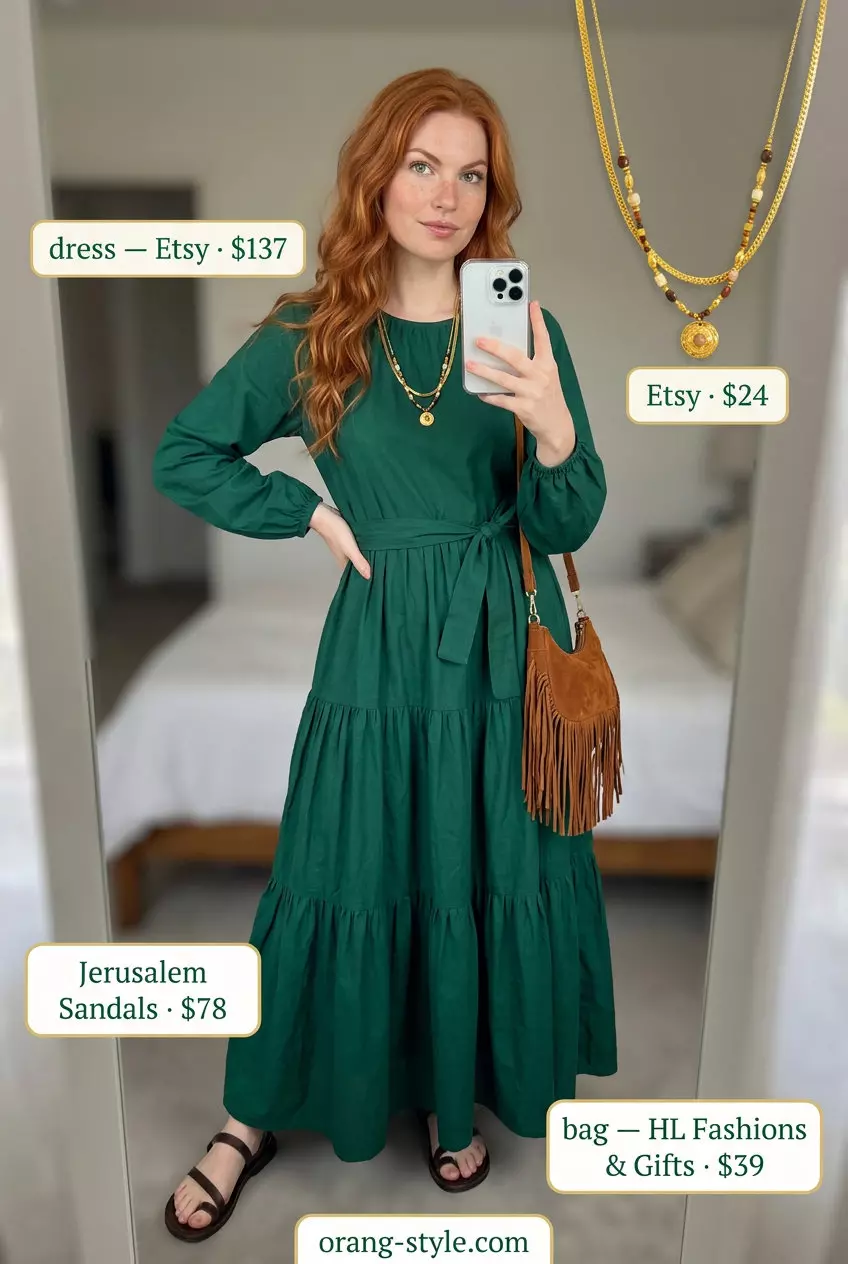 Festival outfit: Emerald green tiered maxi dress, brown sandals, tan fringe crossbody. Summer Tiered Dress Outfits for Women 2026.