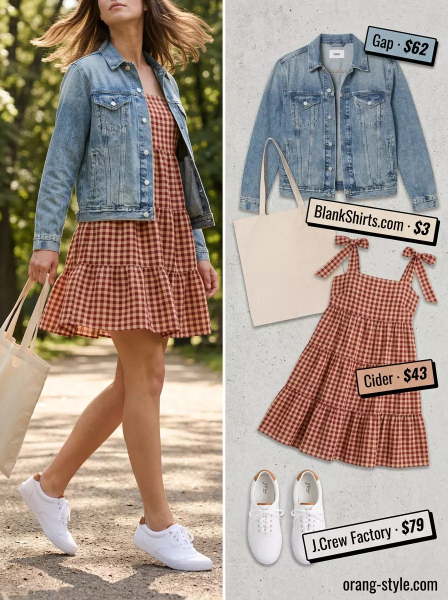 Red gingham tiered mini dress with denim jacket for picnic outfits for women 2026.