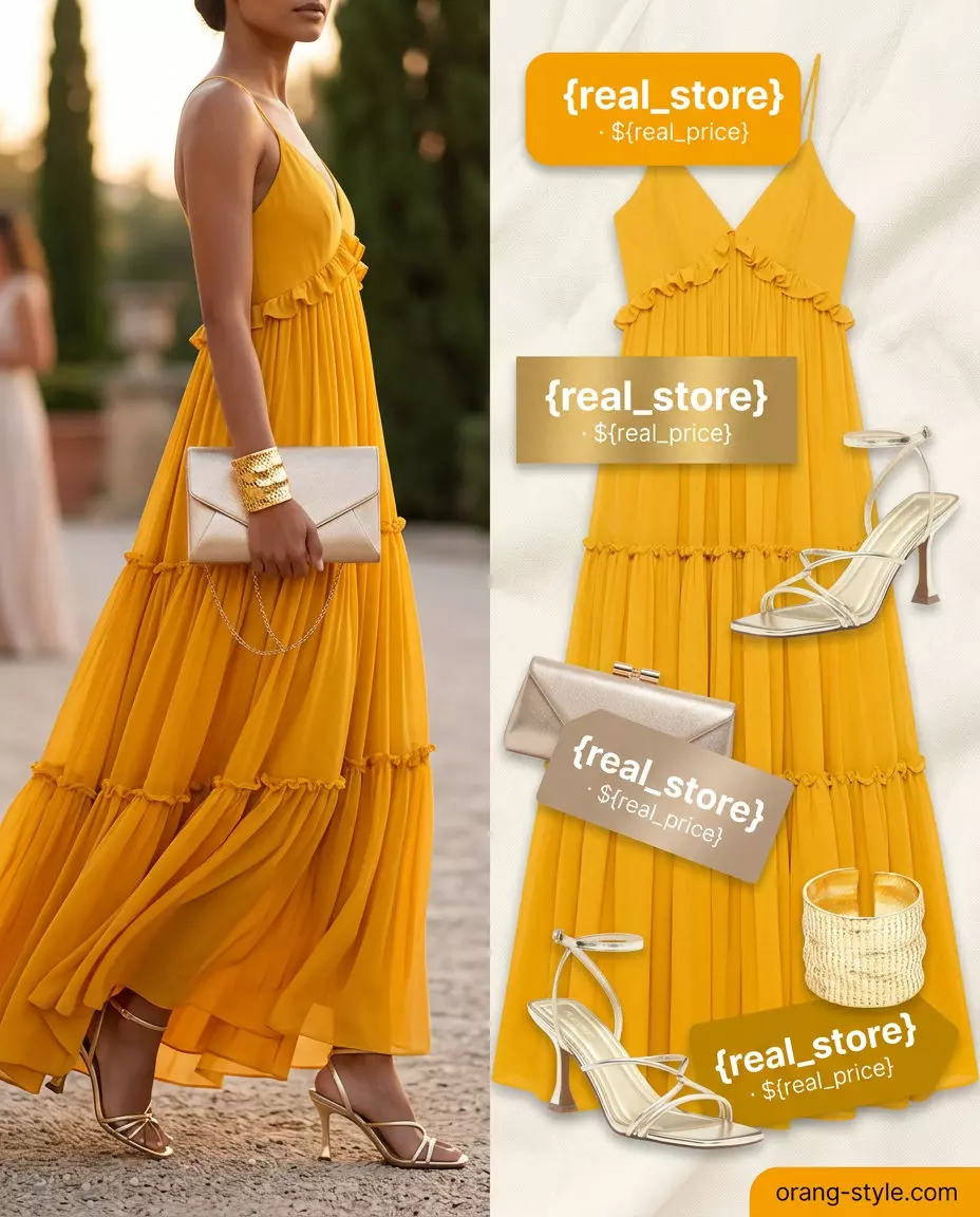 Marigold yellow tiered maxi dress with gold heels for summer evening events 2026.
