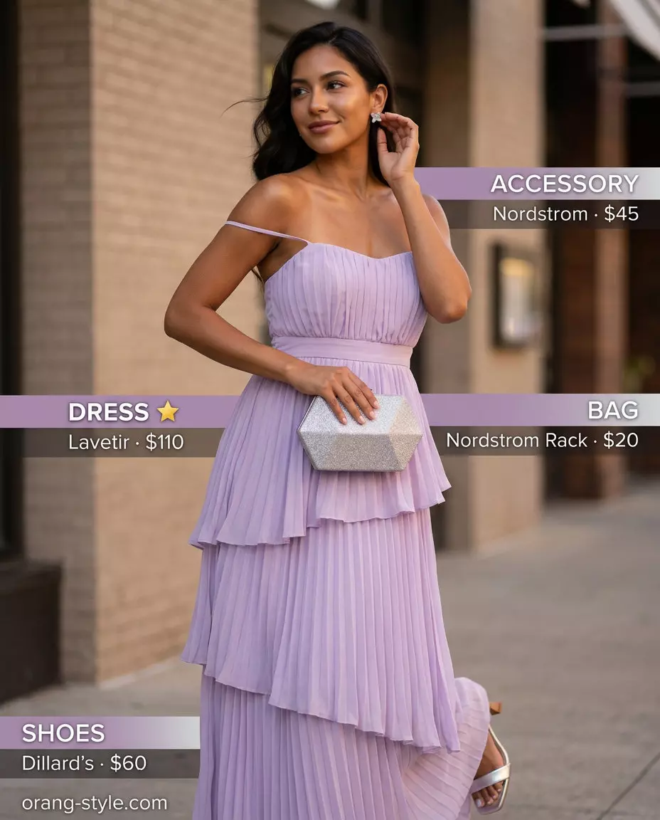 Lavender tiered maxi dress with silver heels for romantic dinner outfits 2026.