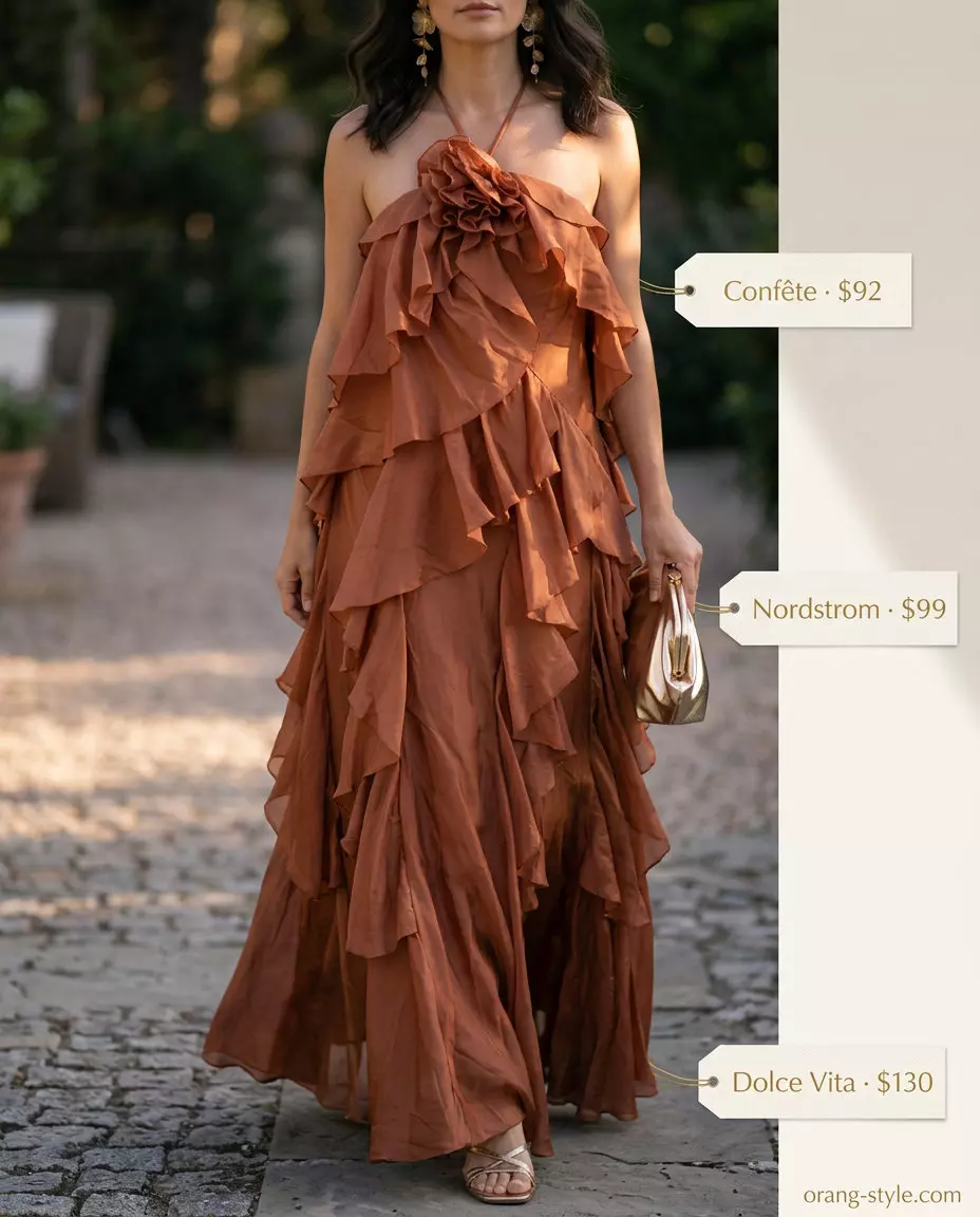 Terracotta tiered maxi dress for elegant summer outfits 2026, with metallic heels and clutch.