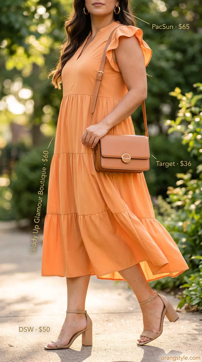 Sunset orange tiered midi dress with block heels for summer dinner date outfits 2026.