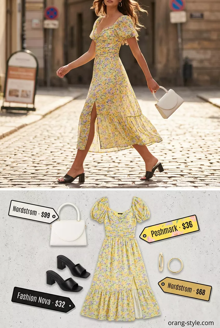 Floral print tiered midi dress for chic summer outfits 2026, with block heel mules and top-handle bag.