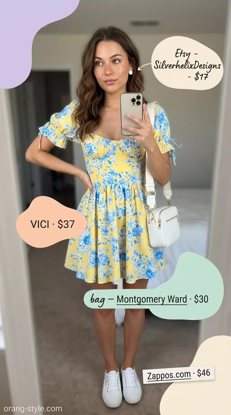 Casual day out: Yellow floral tiered mini dress, white sneakers, small crossbody. Summer Tiered Dress Outfits for Women 2026.