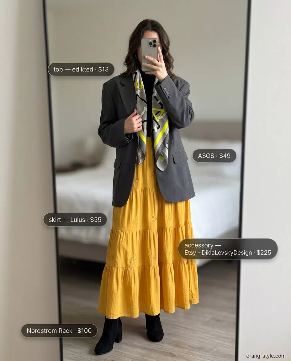 Artistic outfit with a mustard yellow tiered midi skirt, charcoal blazer, and printed scarf. Summer Tiered Skirt Outfits for Women 2026.