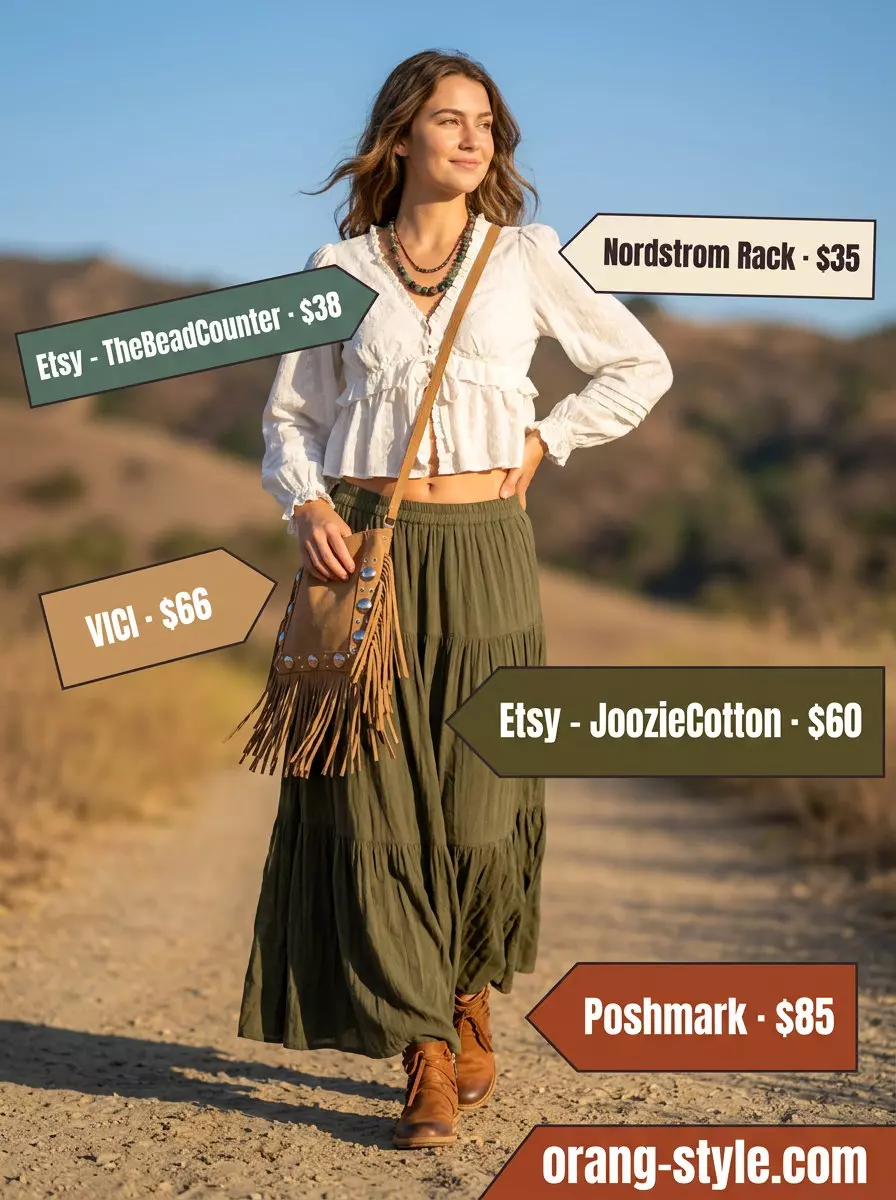 Boho festival outfit with a tiered maxi skirt, cream peasant blouse, and suede fringe bag. Summer Tiered Skirt Outfits for Women 2026.