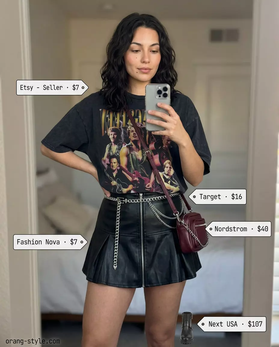Edgy evening outfit with a black faux leather tiered mini skirt, band t-shirt, and biker boots. Summer Tiered Skirt Outfits for Women 2026.