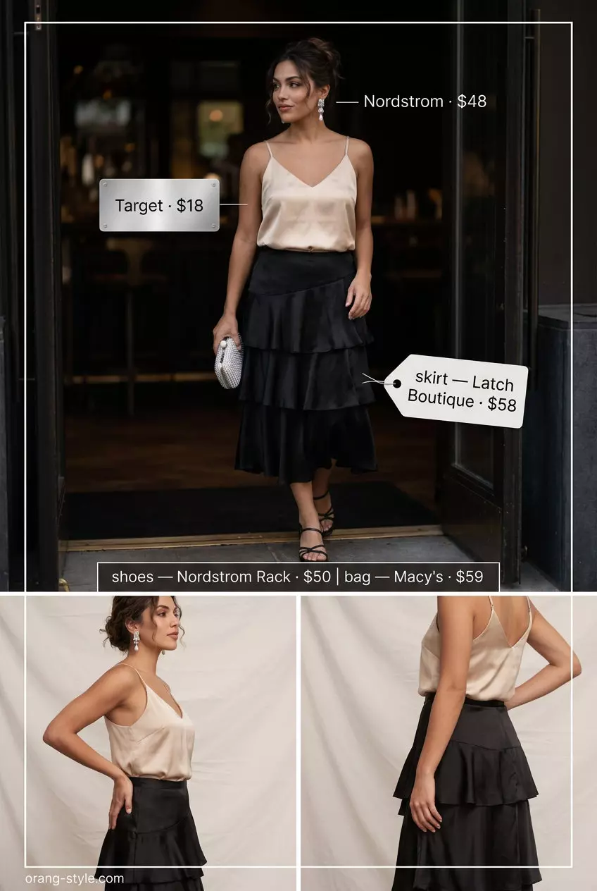 Elegant evening outfit with a black tiered midi skirt, satin camisole, and silver drop earrings. Summer Tiered Skirt Outfits for Women 2026.