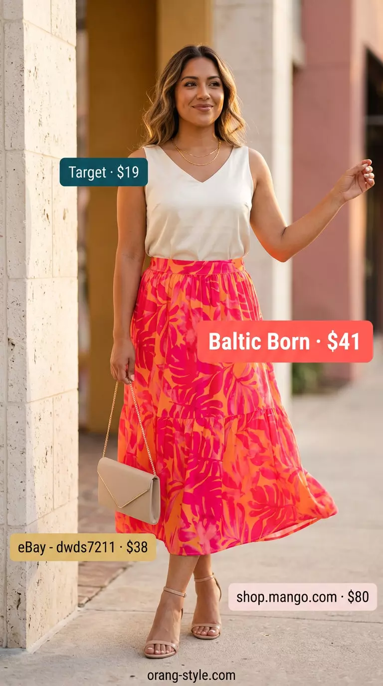 Playful sunset hues tiered midi skirt outfit with a cream top and strappy sandals. Summer Tiered Skirt Outfits for Women 2026.