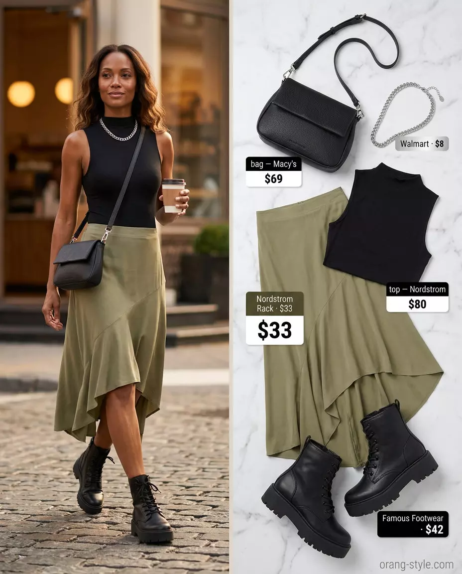 Urban explorer outfit with an olive green tiered midi skirt, black bodysuit, and combat boots. Summer Tiered Skirt Outfits for Women 2026.