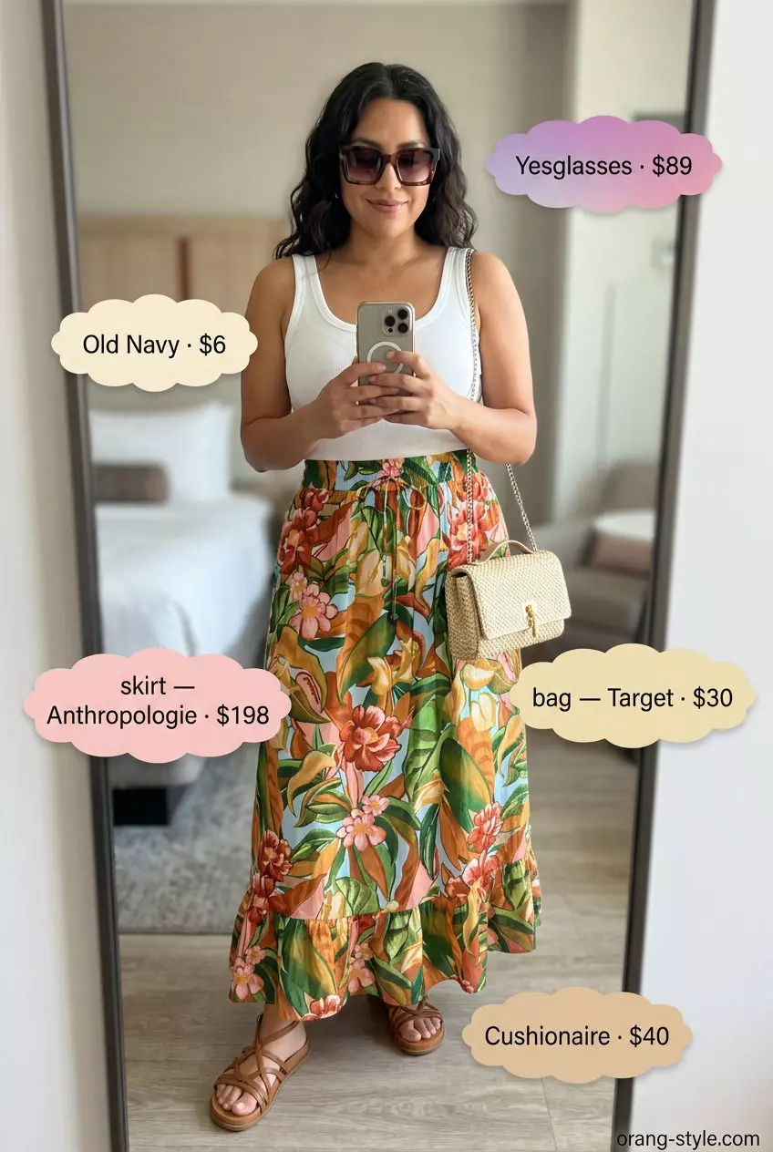 Carefree vacation outfit with a tropical tiered maxi skirt, white tank top, and straw crossbody bag. Summer Tiered Skirt Outfits for Women 2026.