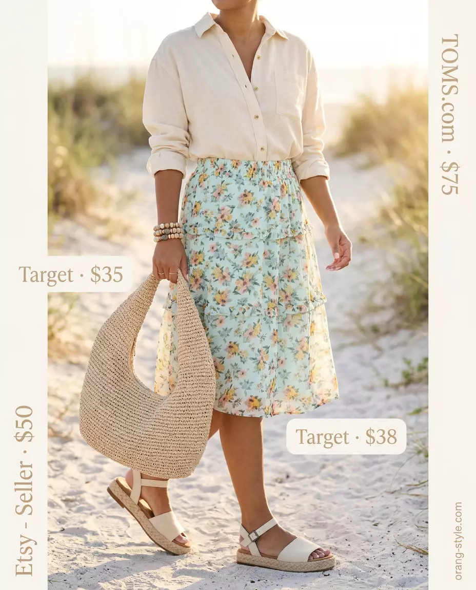 Soft blue floral tiered midi skirt outfit for women 2026: Relaxed coastal breeze look.