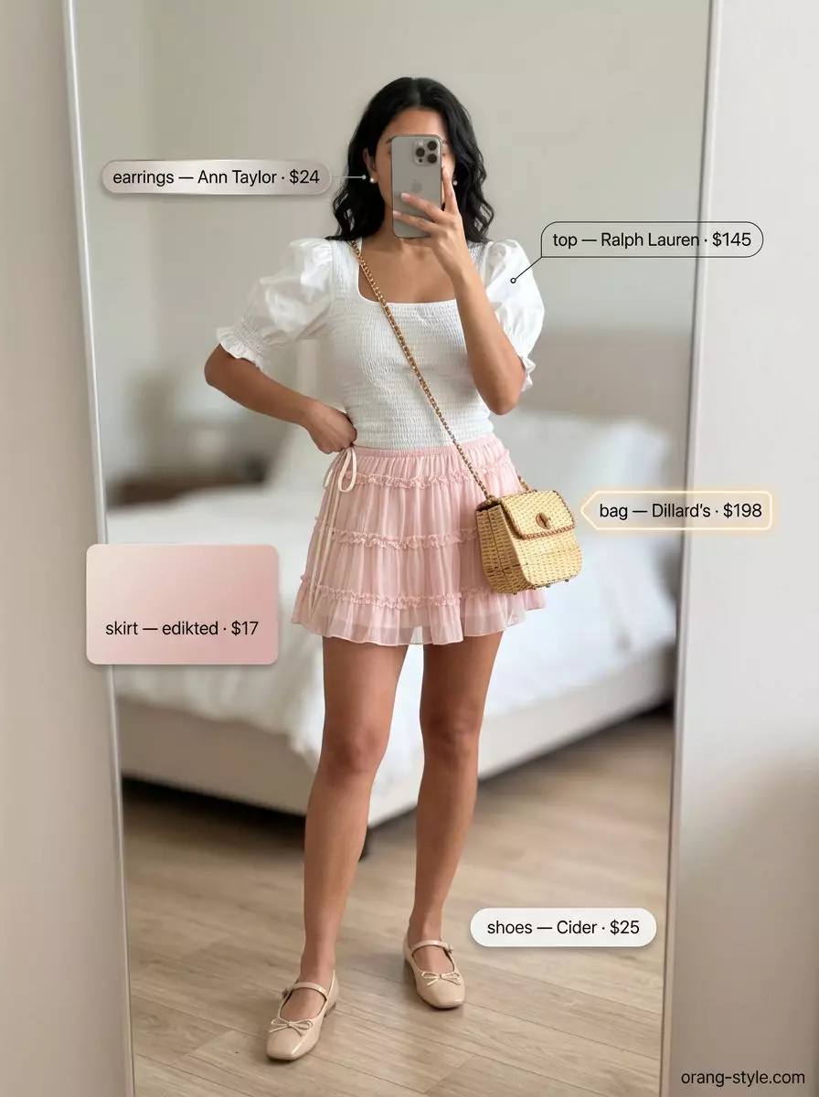Blush pink tiered skirt outfit for women 2026: Sweet summer romance look with puff sleeve blouse.