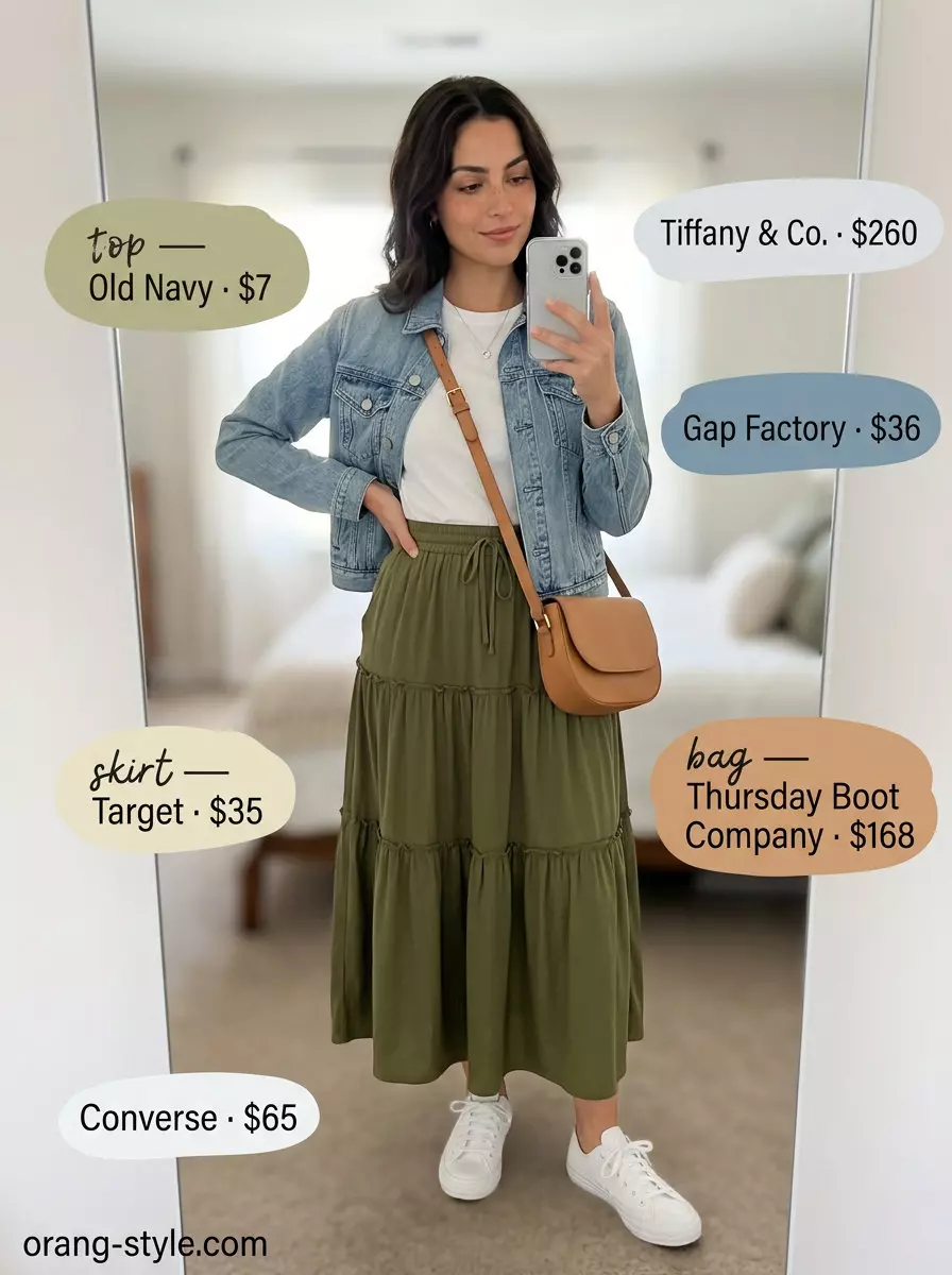 Casual chic summer tiered skirt outfit for women 2026: olive green skirt, white tee, and denim jacket.