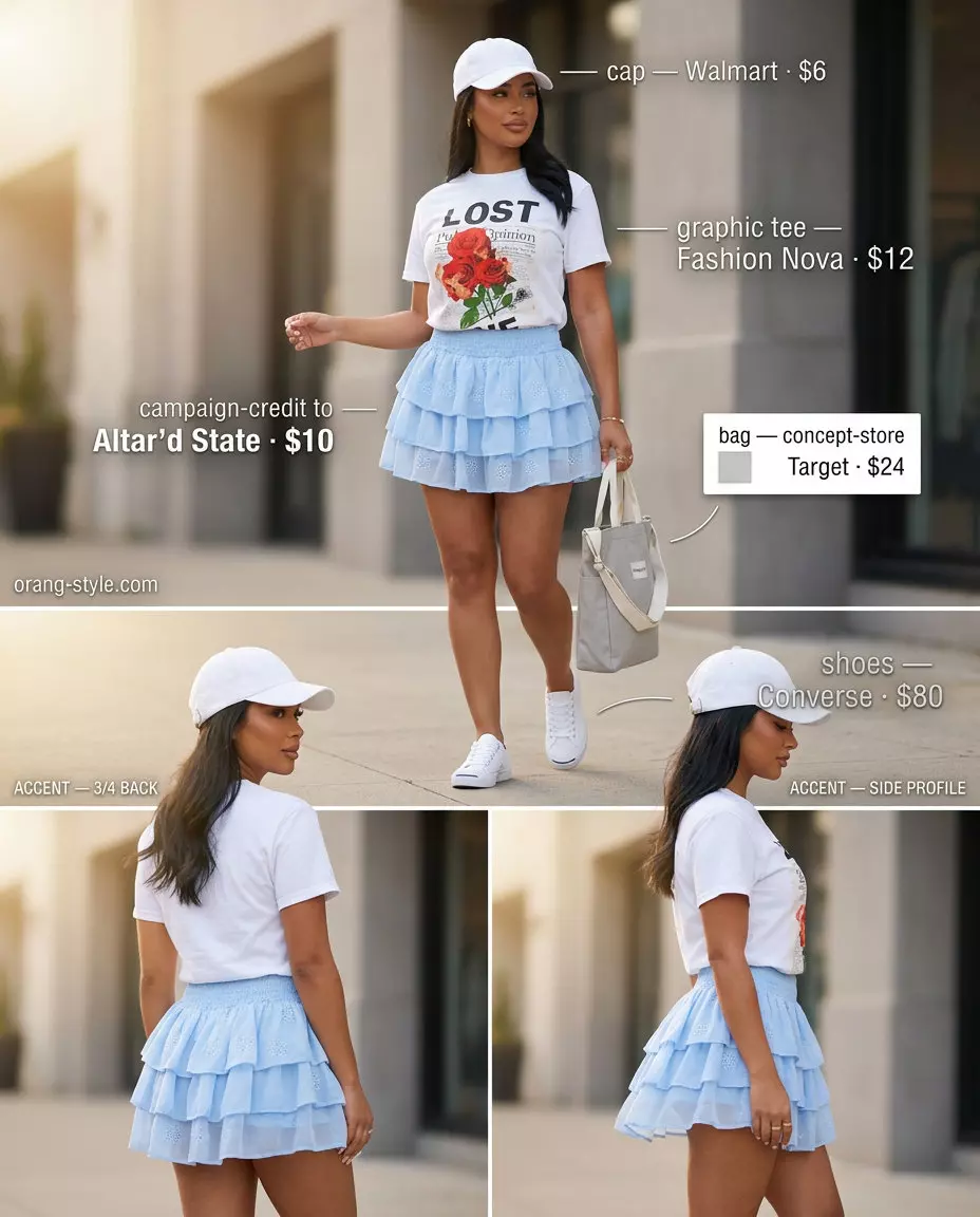 Casual cool summer tiered skirt outfit for women 2026: sky blue mini skirt, graphic tee, and white sneakers.