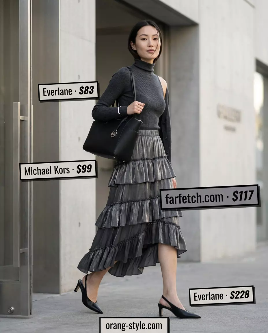 Charcoal grey tiered midi skirt outfit for women 2026: Chic monochrome look for office casual.