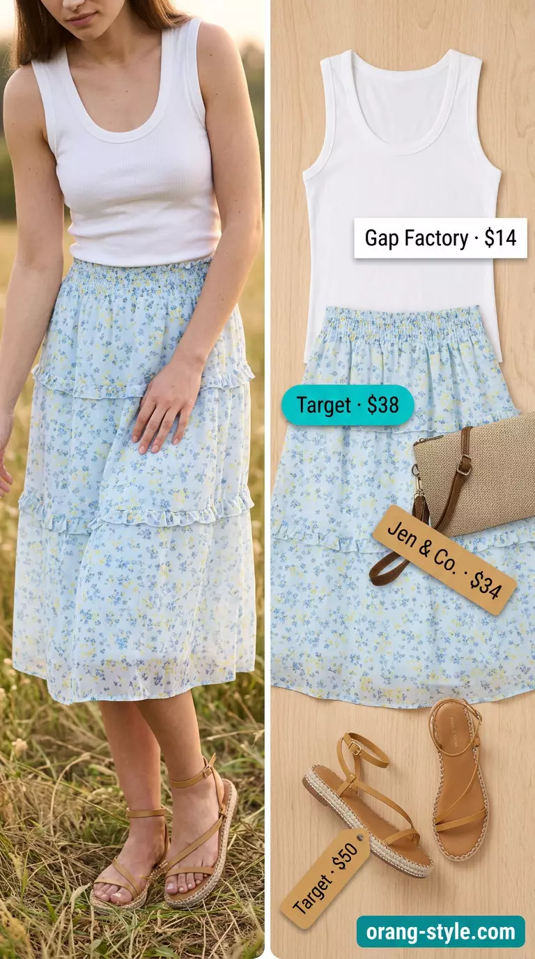 Pastel blue floral tiered skirt outfit for women 2026: Feminine summer brunch look.
