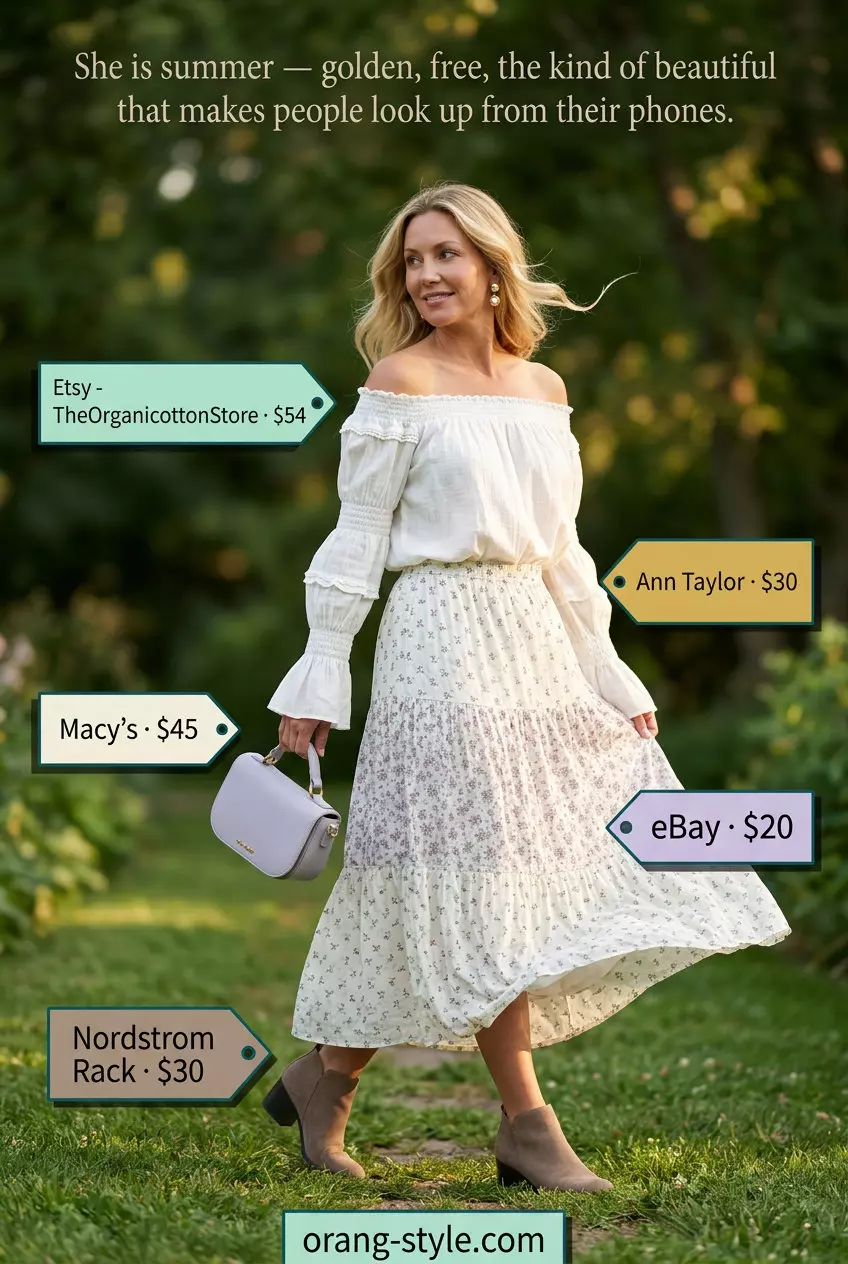 Romantic garden party summer tiered skirt outfit for women 2026: floral skirt, off-shoulder blouse, and block heels.
