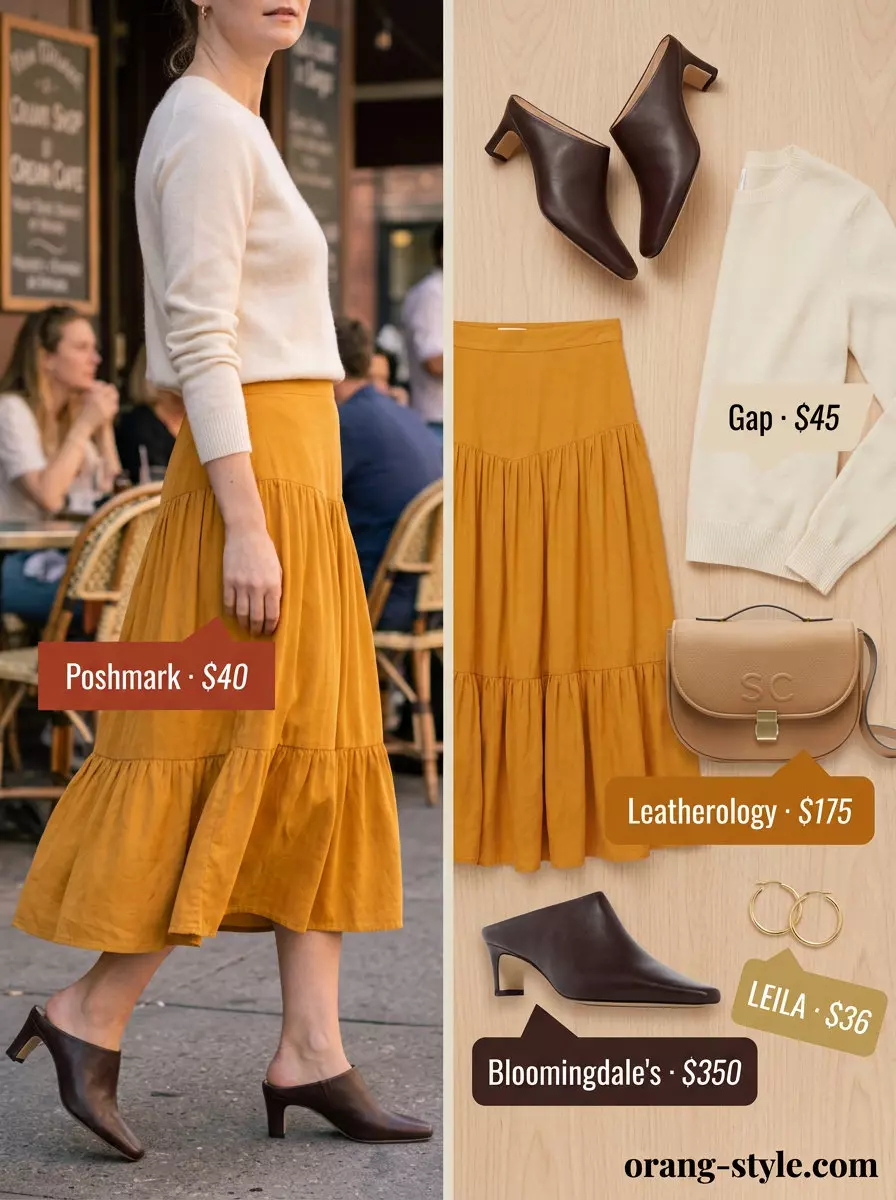 Warm golden hour summer tiered skirt outfit for women 2026: mustard yellow skirt, knit sweater, and mules.