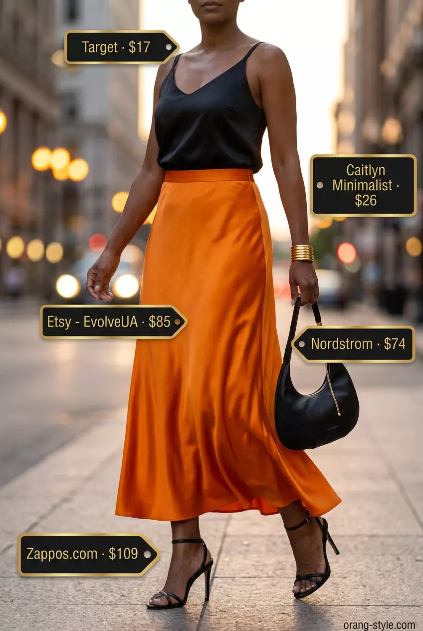 Bright orange tiered maxi skirt outfit for women 2026: Bold sunset glow cocktail look.