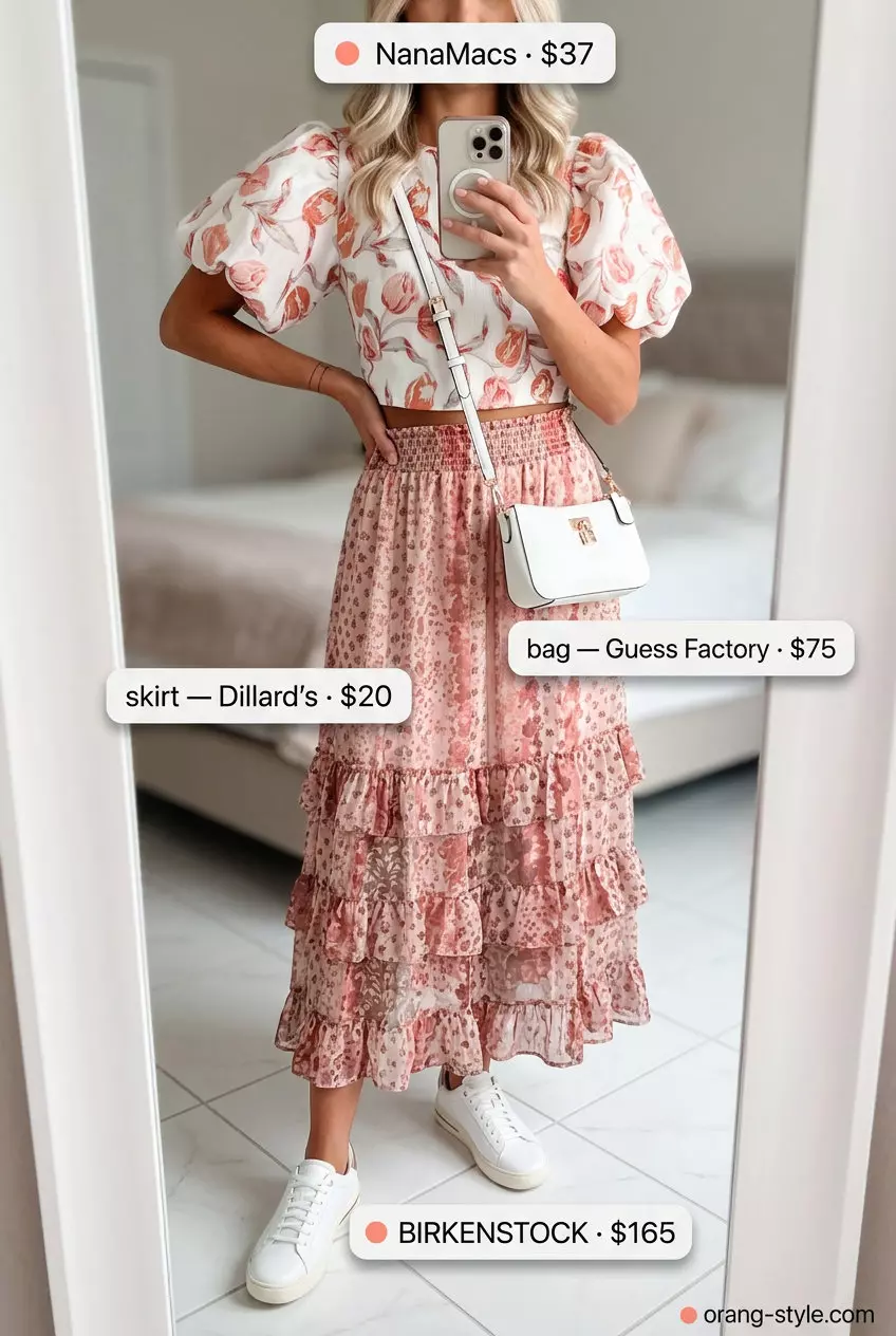 Playful summer tiered skirt set outfit for women 2026: coral floral print skirt and matching crop top.