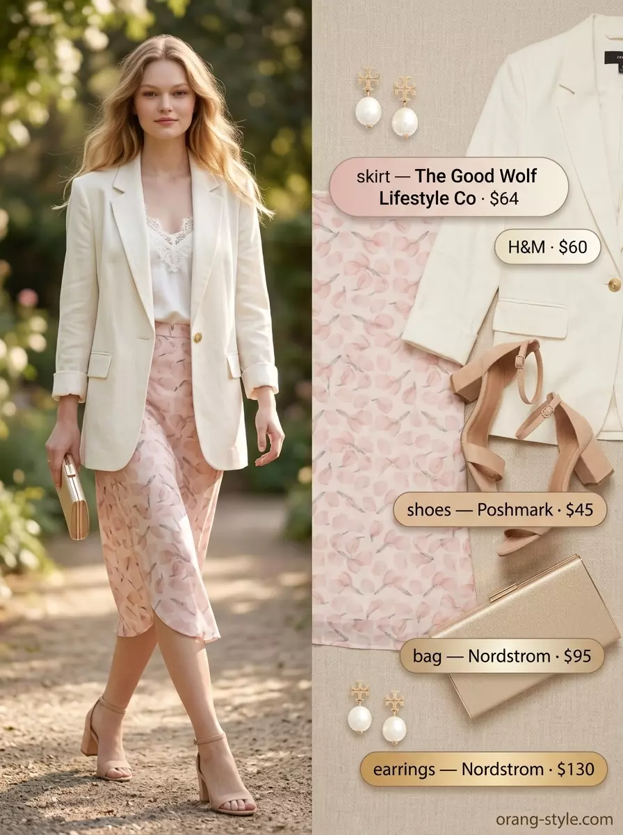 Blush pink tulip skirt outfit for women 2026, elegant for a garden party with ivory blazer and pearls.