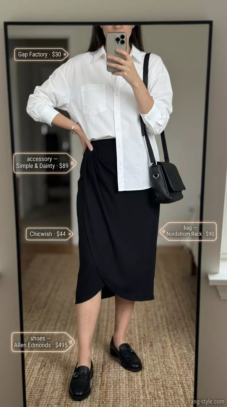 Summer Tulip Skirt Outfits for Women 2026: Black structured tulip skirt, oversized white shirt, loafers for chic city exploration.