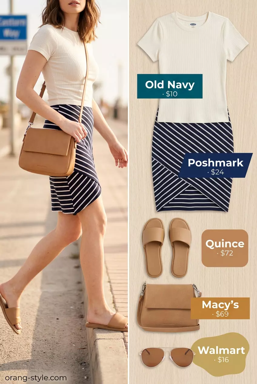 Navy and white striped tulip skirt outfit for women 2026, chic for seaside strolls.