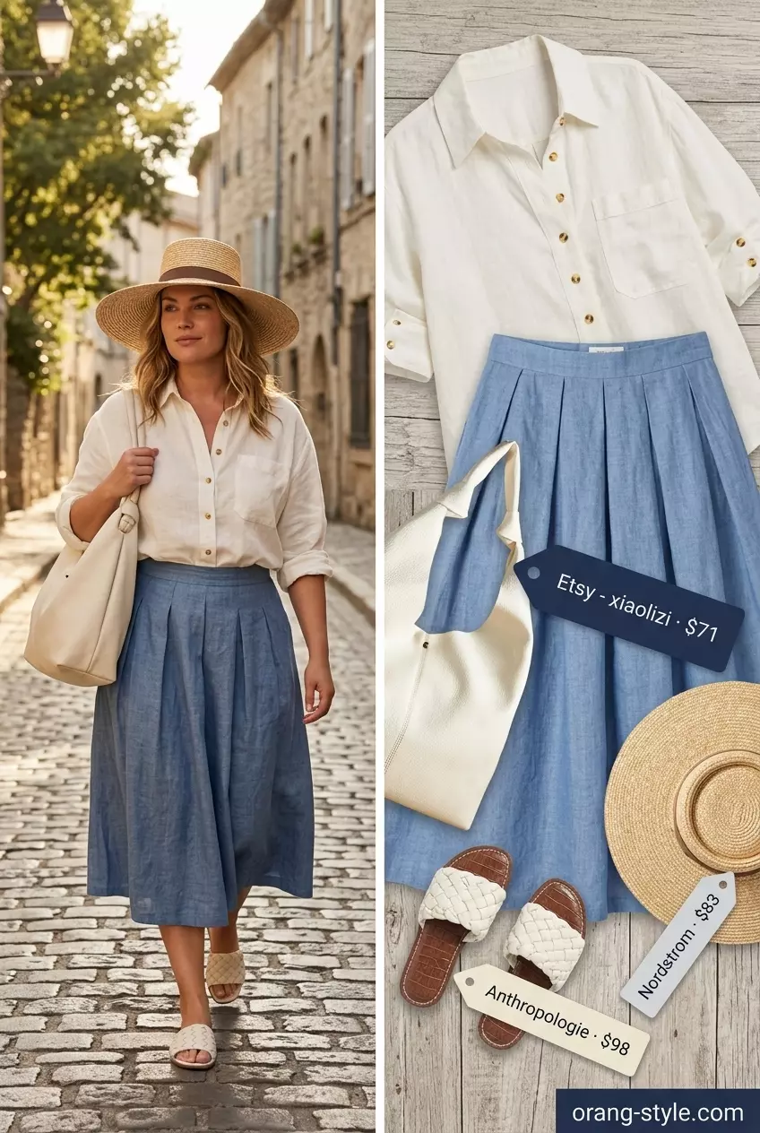Sky blue linen tulip skirt outfit for women 2026, perfect for seaside lunch or summer evenings.