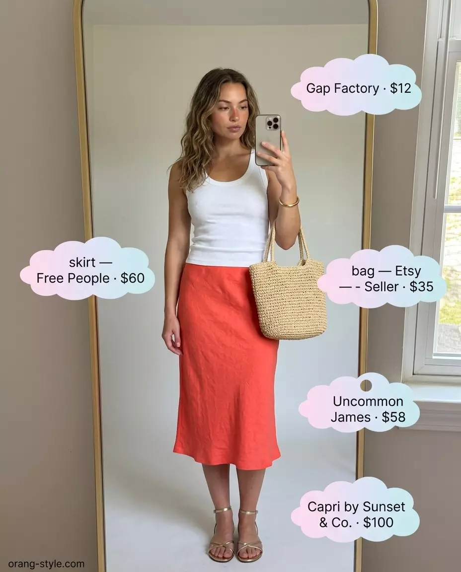 Coral tulip skirt outfit for women 2026, perfect for a sunset cruise with white tank and gold sandals.