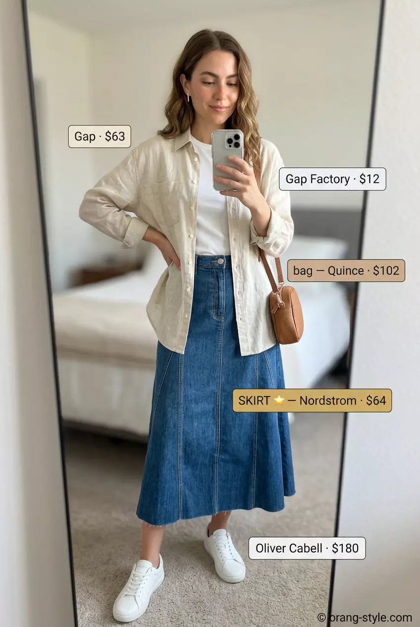 Summer Tulip Skirt Outfits for Women 2026: Denim tulip skirt, white tee, linen shirt, sneakers for casual weekend wear.